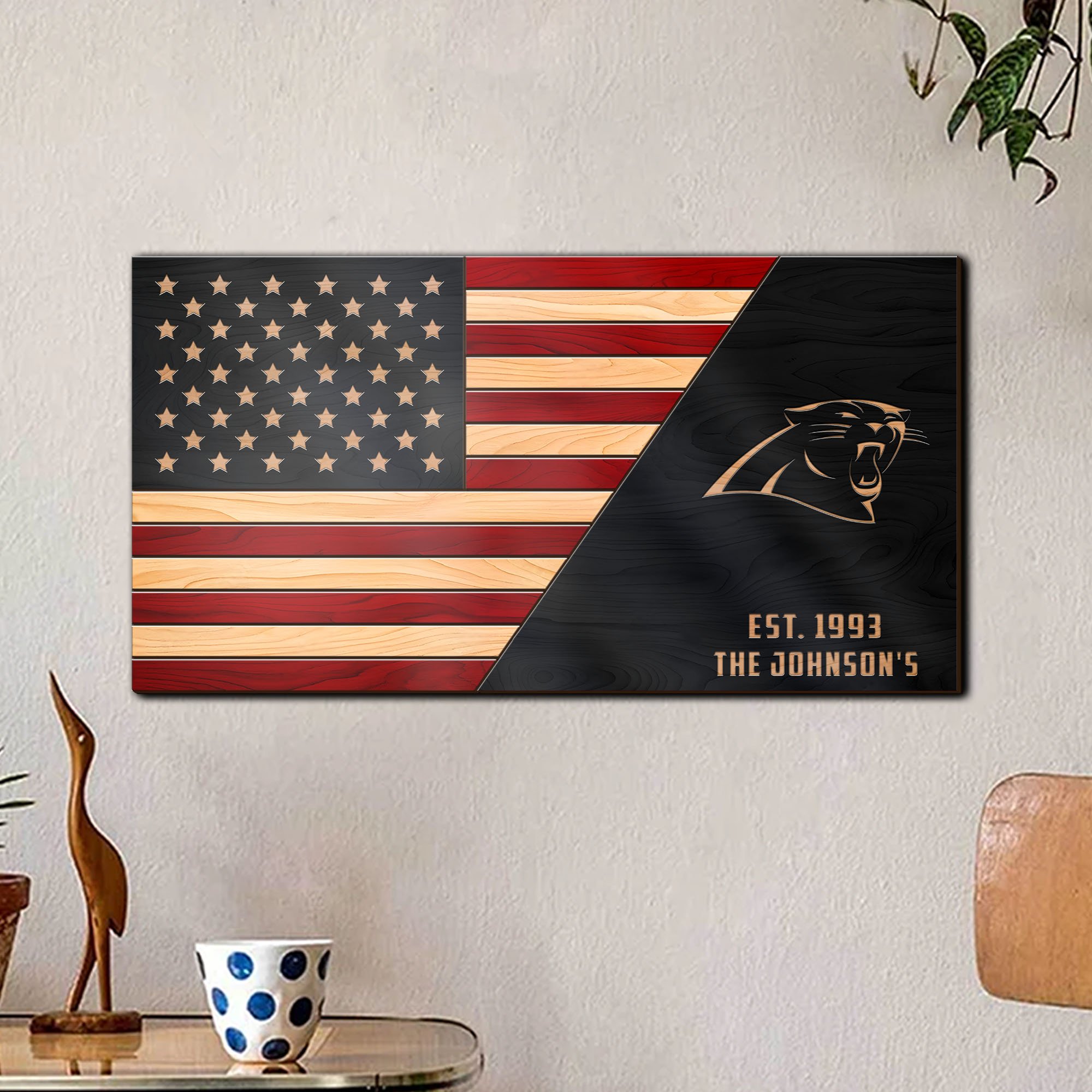 Carolina Panthers Team And America Flag 2 Layers Woodsign, Football Team Sign , Football Lover Gifts, Home Decorations ETRG-59563